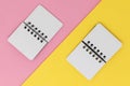 Two open notebooks on a pink and yellow diagonal background.