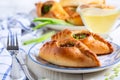 Two open pies with savory filling (rastegay). Russian kitchen Royalty Free Stock Photo