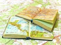 Two opened old atlas book on the spread map Royalty Free Stock Photo