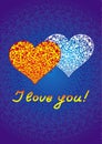 Two openwork colorful hearts on a blue background. Text - I love you. Vector drawing.