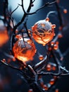 two orange balls on a branch with water droplets Royalty Free Stock Photo