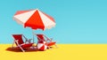 Two orange beach chairs with parasol on blue summer background