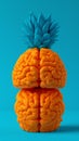 Two orange and blue brains with a pineapple in the middle, AI