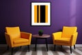 Two orange-colored armchairs positioned in front of a deep purple-colored wall, AI-generated.