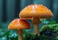 Two orange fly agaric mushrooms with water drops in the forest Royalty Free Stock Photo