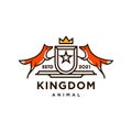 Two orange fox coat of arms logo with shield, stars and golden crown symbol for animal kingdom in hipster classic modern minimal l