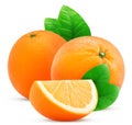 Two orange fruit and slice with leaf