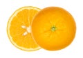 Ripe fresh orange cut in half, laterally offset, from above Royalty Free Stock Photo