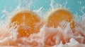 Two orange halves are being splashed with water and juice, AI Royalty Free Stock Photo