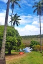 Two orange kayaks on the bank of a river with many coconut trees and trees against a cloudy sky on a beautiful sunny day