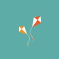 Two orange kites flying in the turquoise sky. Flat cartoon design. Fantasy, creative, freedome