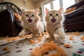 Two orange kittens running around on a carpet, AI