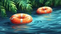 Two orange life preservers floating in a river near palm trees, AI Royalty Free Stock Photo