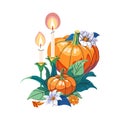 Two orange Pumpkins with leaves and candles. Happy Halloween Vector illustration on white background. Design for All Saints Day Royalty Free Stock Photo