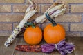 Two orange pumpkins with multicolored indian corn on rustic wood Royalty Free Stock Photo