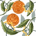 Two orange rose flowers, with yellow flowers, with green leaves Royalty Free Stock Photo