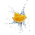 Two orange slices splashing water closeup isolated on white Royalty Free Stock Photo