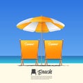 Two orange summer beach chair in back view and orange beach umbrella. Blue gradient sky background.