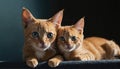Two orange tabby cats with blue eyes look at the camera while lying on a blue surface Royalty Free Stock Photo