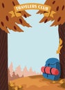 Two orange trees with cones frame the illustration, a squirrel came down to look at a hiking blue backpack with a sleeping bag