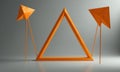 Two orange triangles are standing on the floor, one on the left and one on the right.