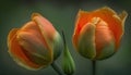 two orange tulips with green stems in the foreground and a green background in the back ground, with a dark green background Royalty Free Stock Photo