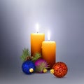 Two Orange Vector Candles on Abstract Silver / Gray Background in Square Format.