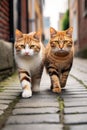Two orange and white cats walking down a street