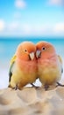 Two orange and yellow birds sitting on the sand, AI