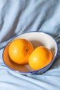Two oranges fruit on a white ceramic bowl Royalty Free Stock Photo