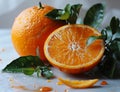 Two Oranges Resting on a Table, Fresh Citrus Fruits as Still Life. A pair of vibrant oranges sit on top of a wooden table, Royalty Free Stock Photo