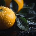 two oranges with water droplets on them on a black background Royalty Free Stock Photo