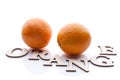 Two oranges and the word Orange. Isolated composition on white background with shadow