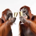 Two orangutans hold glasses of champagne and clink glasses, playful congratulations, success, completion of the case, close-up