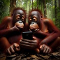 two orangutans in the jungle sitting looking at the phone Royalty Free Stock Photo
