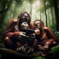 two orangutans in the jungle sitting looking at the phone Royalty Free Stock Photo