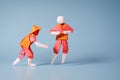 Origami figures wearing colorful costumes in a playful fight against a bright blue background