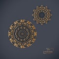 Two ornamental gold flower oriental mandalas on blue color background.