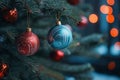 two ornaments hanging from a christmas tree Royalty Free Stock Photo