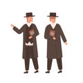 Two orthodox jews in traditional clothes and hat holding hebrew bible or torah isolated on white background. Smiling