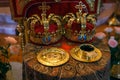 Two Orthodox Wedding Ceremonial Crowns Ready for Ceremony Royalty Free Stock Photo