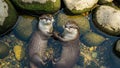 Two otters holding hands in clear water surrounded by mossy rocks Royalty Free Stock Photo