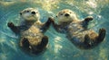 Two Otters Holding Paws in Blue Water Royalty Free Stock Photo