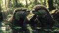 Two Otters Holding Paws in a Forest Stream Royalty Free Stock Photo