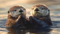 Two Otters Holding Paws in the Water Royalty Free Stock Photo