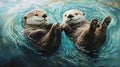 Two Otters Holding Paws in Water Royalty Free Stock Photo