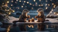 Adorable Otters Celebrating Christmas with Pine Cones in Snowy Winter Wonderland Royalty Free Stock Photo