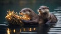 Two Adorable Otters Playing with Christmas Lights in Water Royalty Free Stock Photo