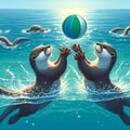 Two otters playing catch with a ball Royalty Free Stock Photo