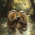 Two Otters Playing in a River Royalty Free Stock Photo